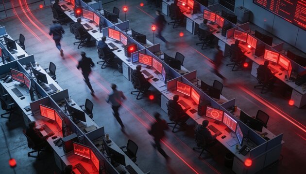 High-angle wide view looking down over a large security operations center during an active cyber incident, red warning lights pulsing, monitors flashing red alerts, operators seen only from behind rus