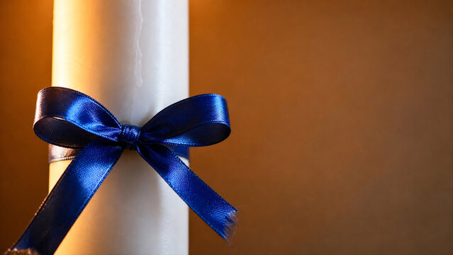 Blue Silk Ribbon on White Hanukkah Candle Bow Detail Close-Up