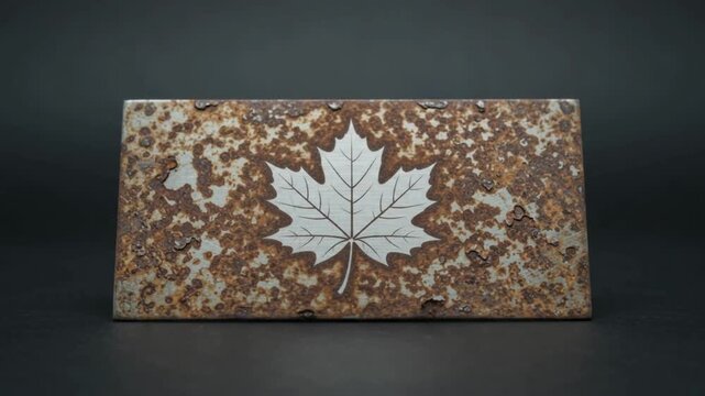 Rusted Industrial Metal Plate with Scratches Revealing Glowing Maple Leaf Shape from Behind
