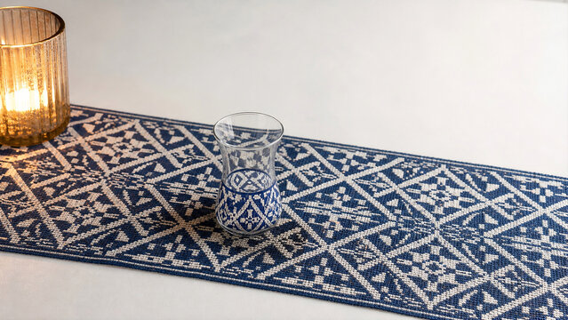 Blue White Woven Runner Mediterranean Tile Pattern Hanukkah Table Textile