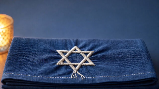 Embroidered Star of David on Blue Linen Napkin Hanukkah Table Detail