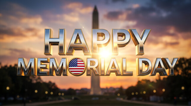 Memorial day text with american flag and washington monument backdrop