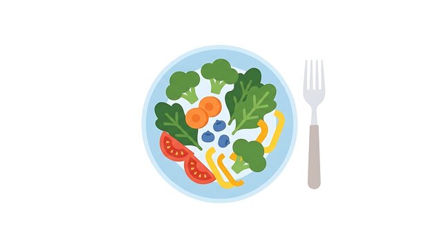 A flat vector illustration of a healthy vegetable salad served on a blue plate with a fork