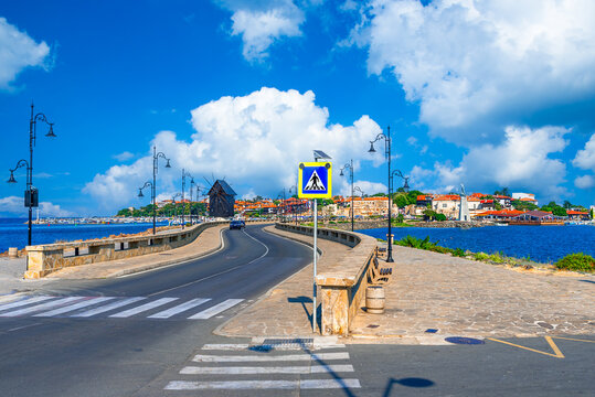 Nessebar, Bulgaria: Street view of the ancient town, with the wooden windmill, Black Sea Coast, Burgas
