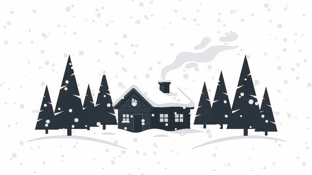 Winter House with Chimney Smoke and Pine Trees 