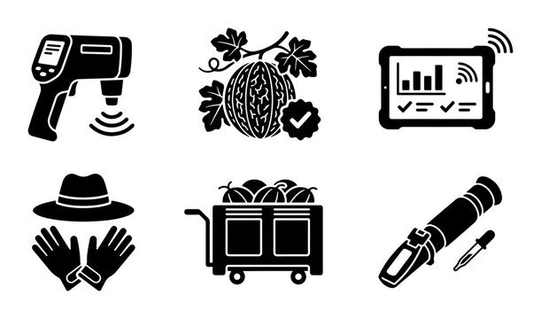 Agricultural Technology Icons: Precision Farming Tools, Harvest Monitoring, Digital Data Collection, Smart Agriculture Equipment, Vector Set