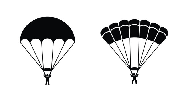 Two black silhouettes of parachutists descending with open canopies against a white background parachutist