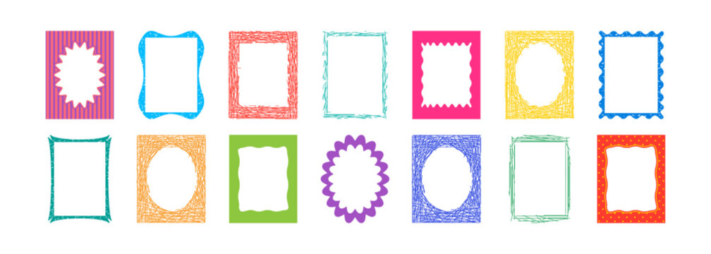 Frame scallop kid, cute wavy border. Picture fun hand drawn design, groovy doodle rectangle icon. Cartoon colorful text box isolated on white bg. Simple mirror form set. Trendy vector illustration
