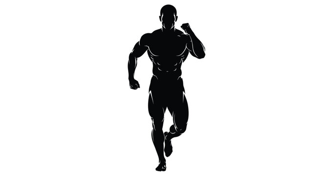 Silhouette of a muscular man running forward black against a white background
