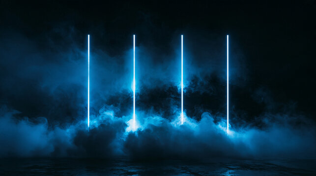 Bright vertical neon light bars glowing through dark smoke and fog in a futuristic industrial setting. Abstract background for product displays and technology concepts.