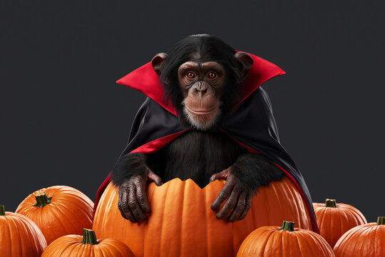 Chimpanzee in devil costume resting on carved jack-o-lantern pumpkin