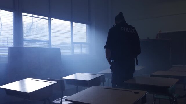 Police officer in a school class room in modern american life