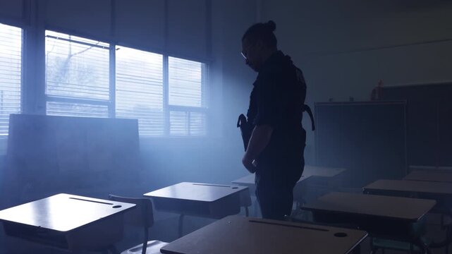 Police officer in a school class room in modern american life