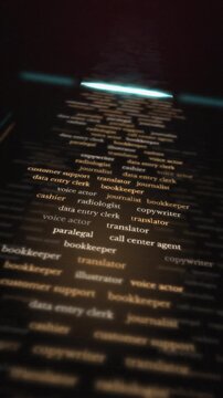 A digital wall of job titles being scanned and replaced by AI text, illustrating workforce automation and unemployment risk.