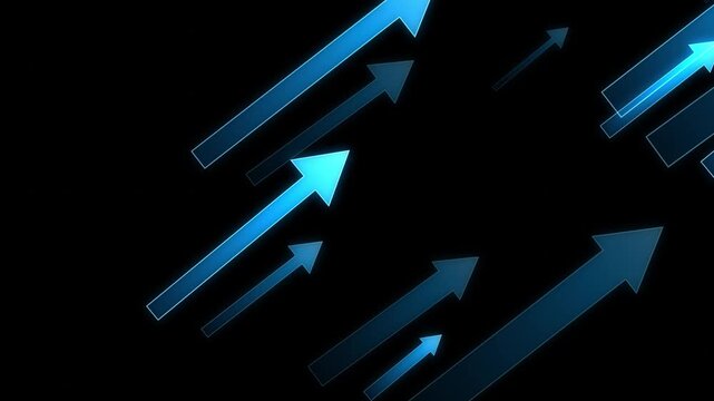 High-velocity neon blue data arrows ascending dynamically across a dark backdrop. Glowing futuristic cyber vectors stream upward in a seamless loop. Ideal tech background for fintech presentations, sc
