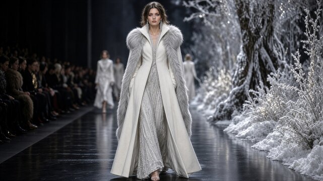 Model strides down runway in opulent, fur-lined gown. Glowing sequins reflect stark, snowy runway setting. Audience watches intently, frozen by elegance and mystery