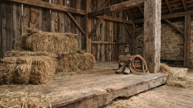 Rustic barn interior with hay bales and old boots