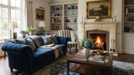 Naklejka premium Cozy traditional living room with blue velvet sofa and fireplace