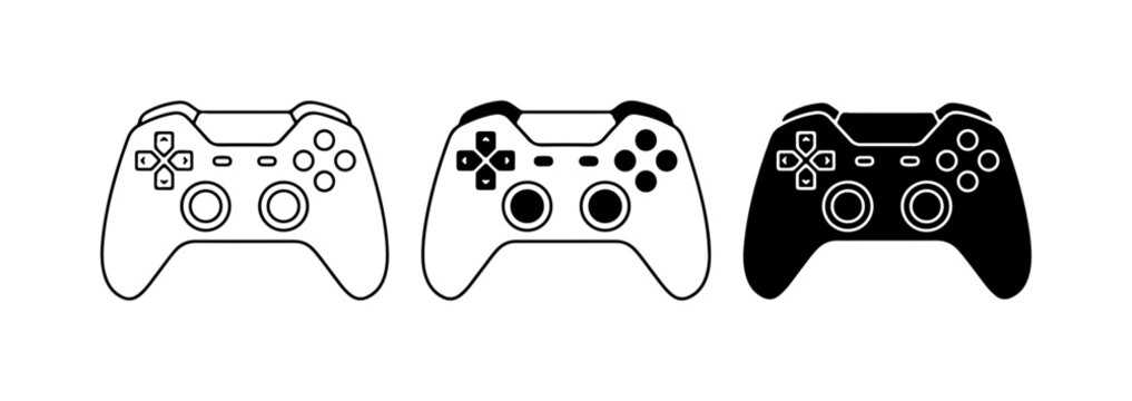 Video game controller icons with joystick, buttons and D-pad for gaming and app