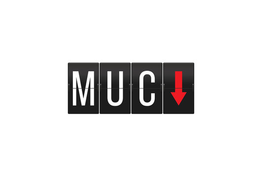 MUC airport code on mechanical flip board with red downward arrow indicating arrival decrease or delayed/cancelled flight status on transparent background for travel and transport use