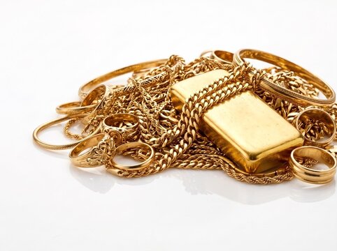 Gold bar and assorted gold jewelry on white background