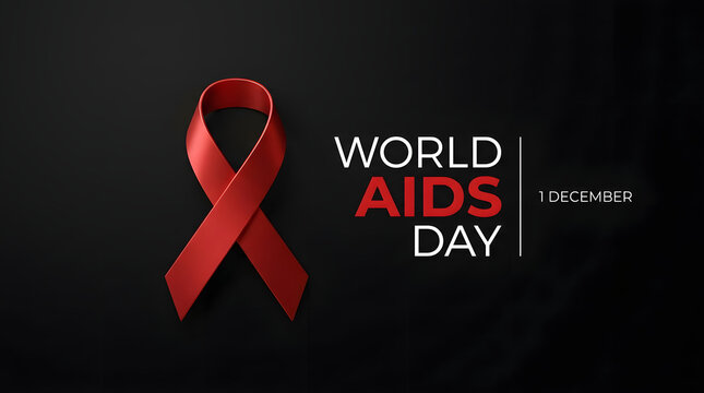 World aids day awareness concept with red ribbon symbol on dark background, hiv health campaign
