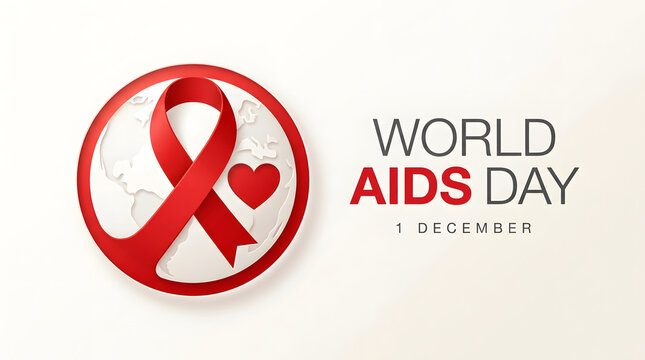 World aids day concept featuring red ribbon and heart inside circle badge on white background