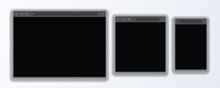 Dark mode browser interface with empty black windows for web design presentation.