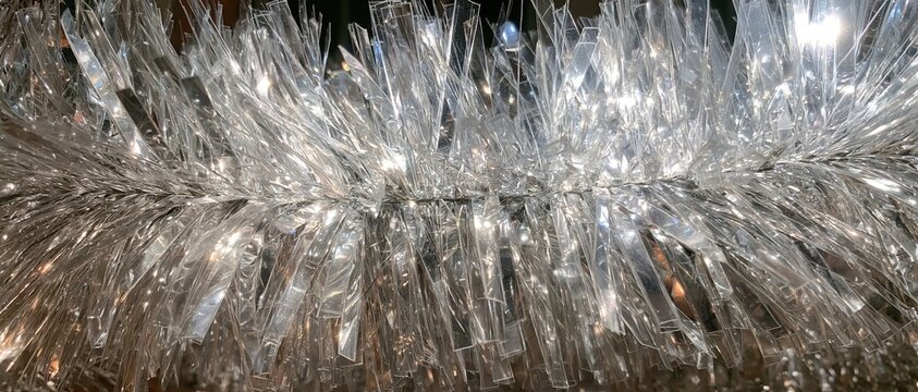 Clear, fluffy tinsel strands reflecting light in a festive setting.