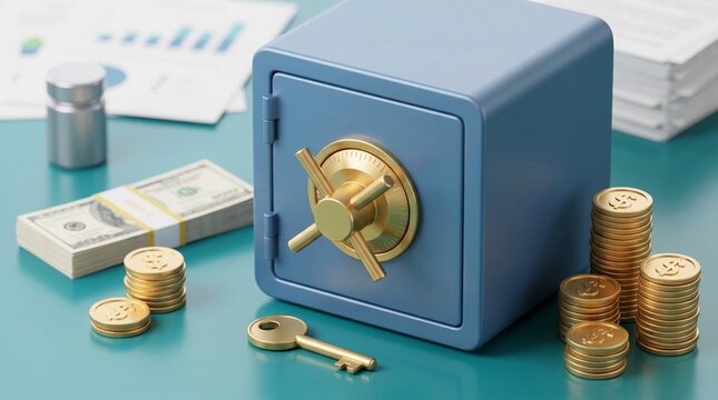 Blue metal safe with golden dial and handle surrounded by stacks of coins and paper currency banknotes