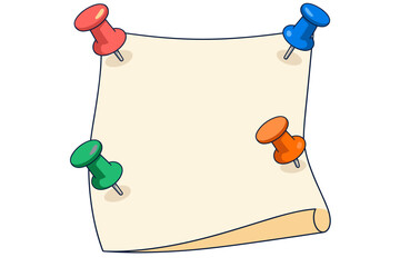 Fototapeta premium Blank cream paper pinned by four colorful pushpins with a gently curled lower edge and a large empty center for writing in a clean cartoon style