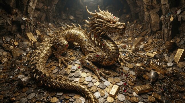 Golden dragon guarding a vast treasure hoard in a dark cavern