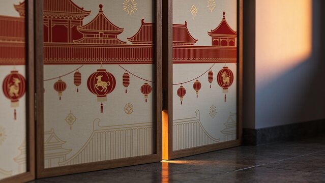 Showing wooden sliding panels with red gold pagoda motifs at room interior, warm light seam