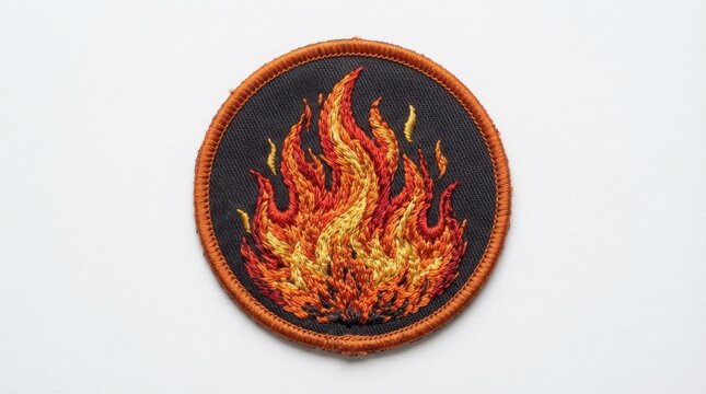 Embroidered round patch with fiery flame design in red, orange, and yellow