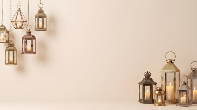 Elegant arrangement of hanging and standing lanterns creating a warm inviting and sophisticated ambiance
