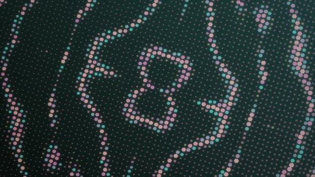 Abstract motion graphic background featuring an evolving pattern of colorful glowing dots and geometric shapes moving across a dark digital surface in a dynamic loop anim