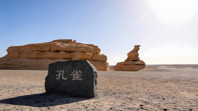 Peacock Yardang Rock Formation in Dunhuang Desert Landscape with Carved Stone Marker