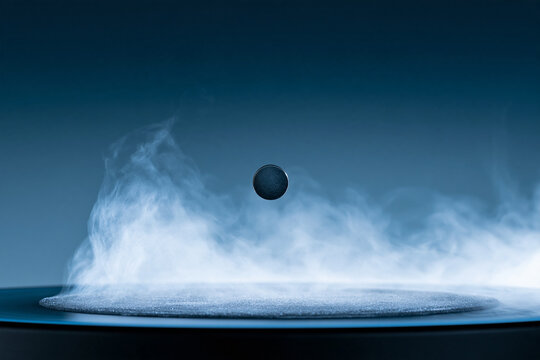 Magnet floating above a chilled superconductor disc, applied science and engineering