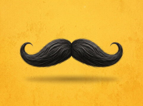 Black vintage handlebar mustache with soft shadow floating over bright yellow textured paper background for barbershop mens grooming and retro fashion