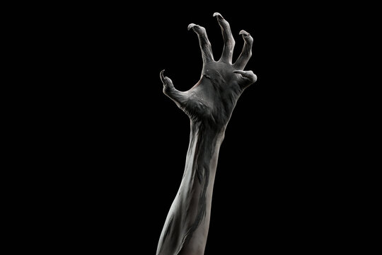 Two decayed zombie hands reaching upward with claw-like nails, Halloween horror portrait