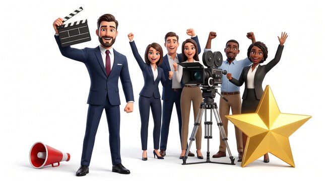 3D businessman mascot and team celebrating a successful video shoot around camera