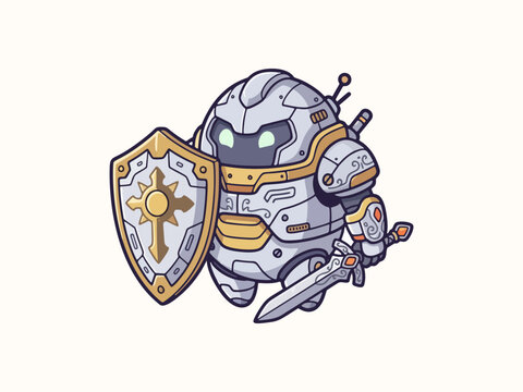 Cute Robot Paladin Adorable Sci-Fi Fantasy Character with Magical Theme, Flat Vector Illustration for Stickers, Education, Web and Design Resources