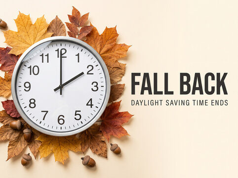 Fall back daylight saving time concept with wall clock surrounded by dry autumn foliage leaves and acorns on clean neutral background with copy space   