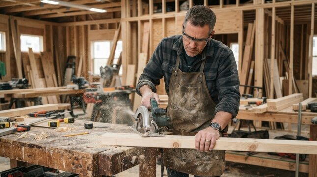 Carpenter cutting a wooden board with a circular saw in a workshop