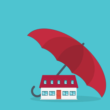 Home insurance concept. House protected with umbrella, modern cottage and paper agreement. Warranty and protection symbol.	