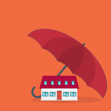 Home insurance concept. House protected with umbrella, modern cottage and paper agreement. Warranty and protection symbol.	