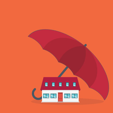 Home insurance concept. House protected with umbrella, modern cottage and paper agreement. Warranty and protection symbol.	