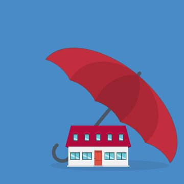Home insurance concept. House protected with umbrella, modern cottage and paper agreement. Warranty and protection symbol.	