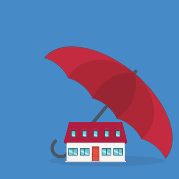 Home insurance concept. House protected with umbrella, modern cottage and paper agreement. Warranty and protection symbol.	