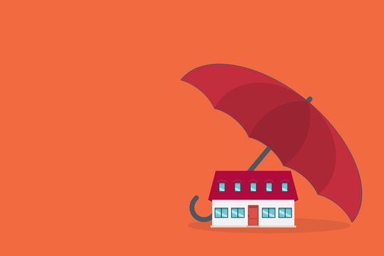 Home insurance concept. House protected with umbrella, modern cottage and paper agreement. Warranty and protection symbol.	